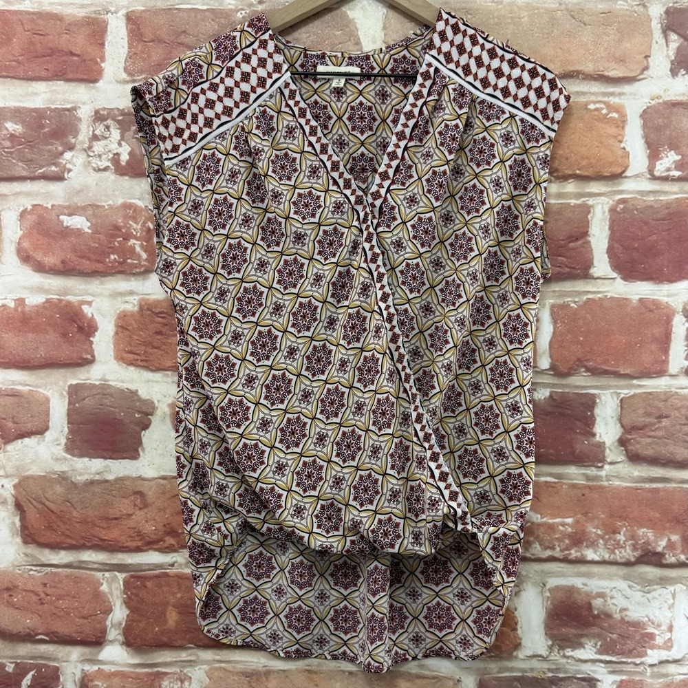 Max Studio Top Women's Small Multicolor Boho Batik Floral Surplice Wrap Shirt